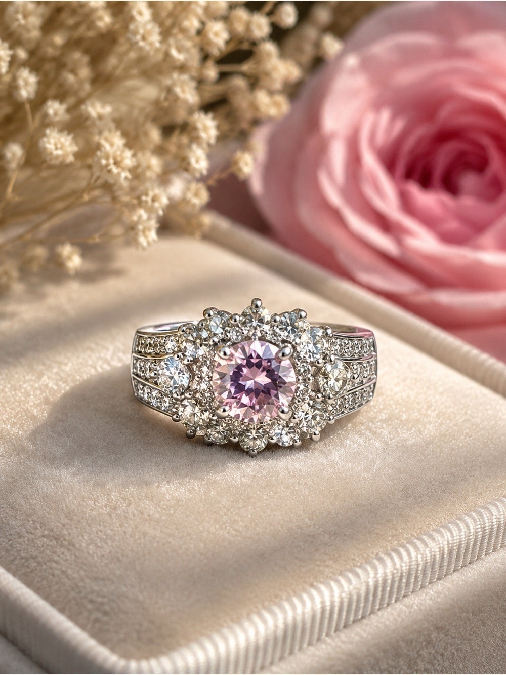 Sparkling Pink Halo CZ Ring • Wide Band Statement Cocktail Ring • Size 10 (RSC)